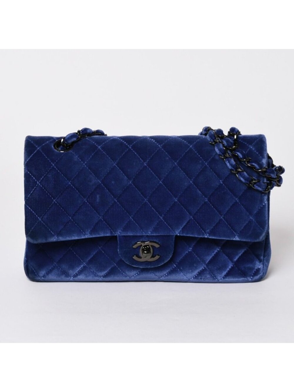 Chanel Quilted 25 Shoulder Bag Double Flap Velour Blue Black